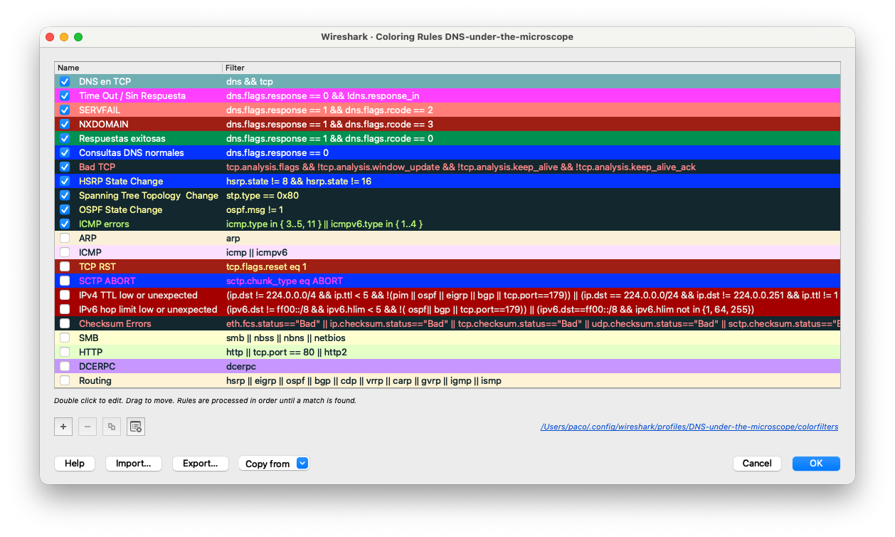 Reglas de color DNS configuradas en el perfil DNS-under-the-microscope de Wireshark