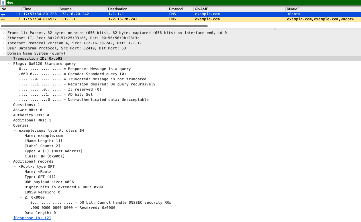 Wireshark mostrando una Query DNS expandida con Transaction ID