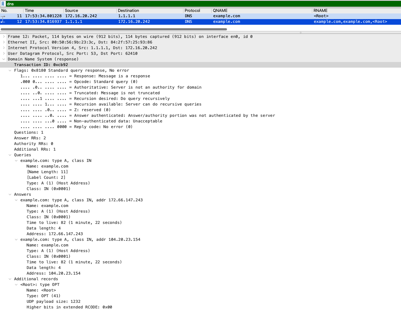 Wireshark mostrando una respuesta DNS expandida con Answers, RCODE y tiempo de respuesta