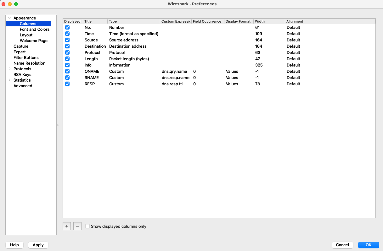 Configuración de columnas QNAME, RNAME y RSP TTL en el perfil DNS-under-the-microscope de Wireshark