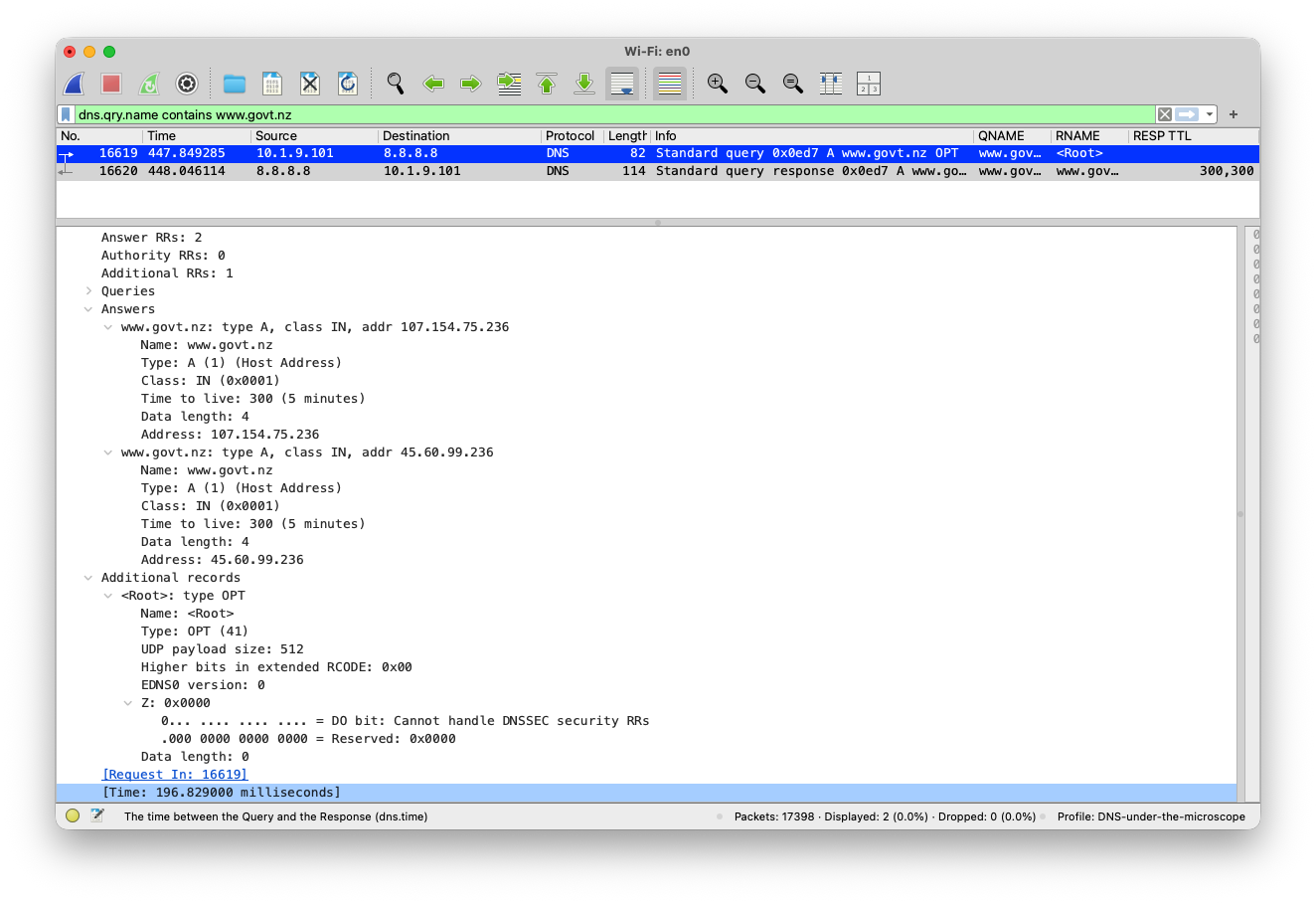 Wireshark mostrando el campo dns.time entre una consulta DNS y su respuesta