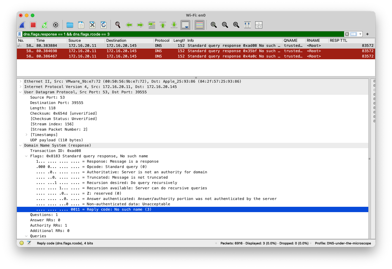 Respuesta NXDOMAIN en Wireshark con Reply code No such name 3