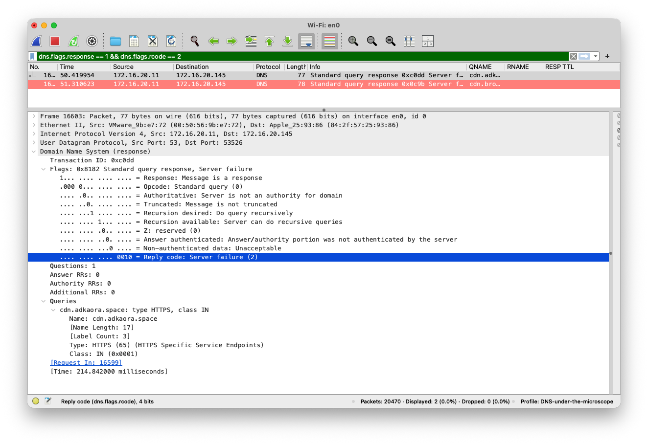 Respuesta SERVFAIL en Wireshark con Reply code Server failure 2