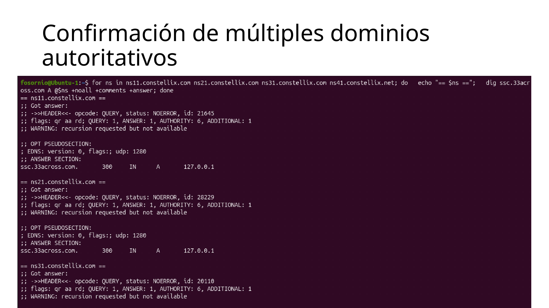 Consultas directas a múltiples servidores autoritativos de ssc.33across.com devolviendo 127.0.0.1