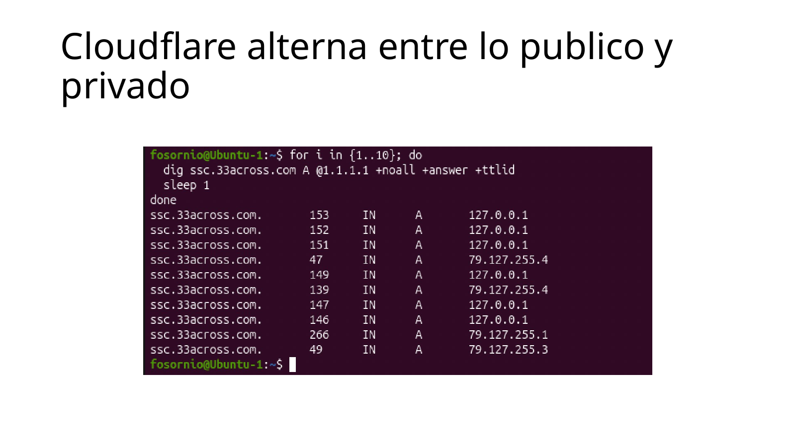 Resultados variables para ssc.33across.com mostrando alternancia entre 127.0.0.1 y direcciones públicas